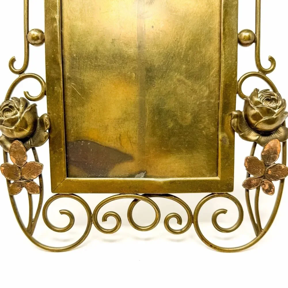Antique Art Nouveau Brass Picture Frame Rose Floral Whiplash Easel c1900